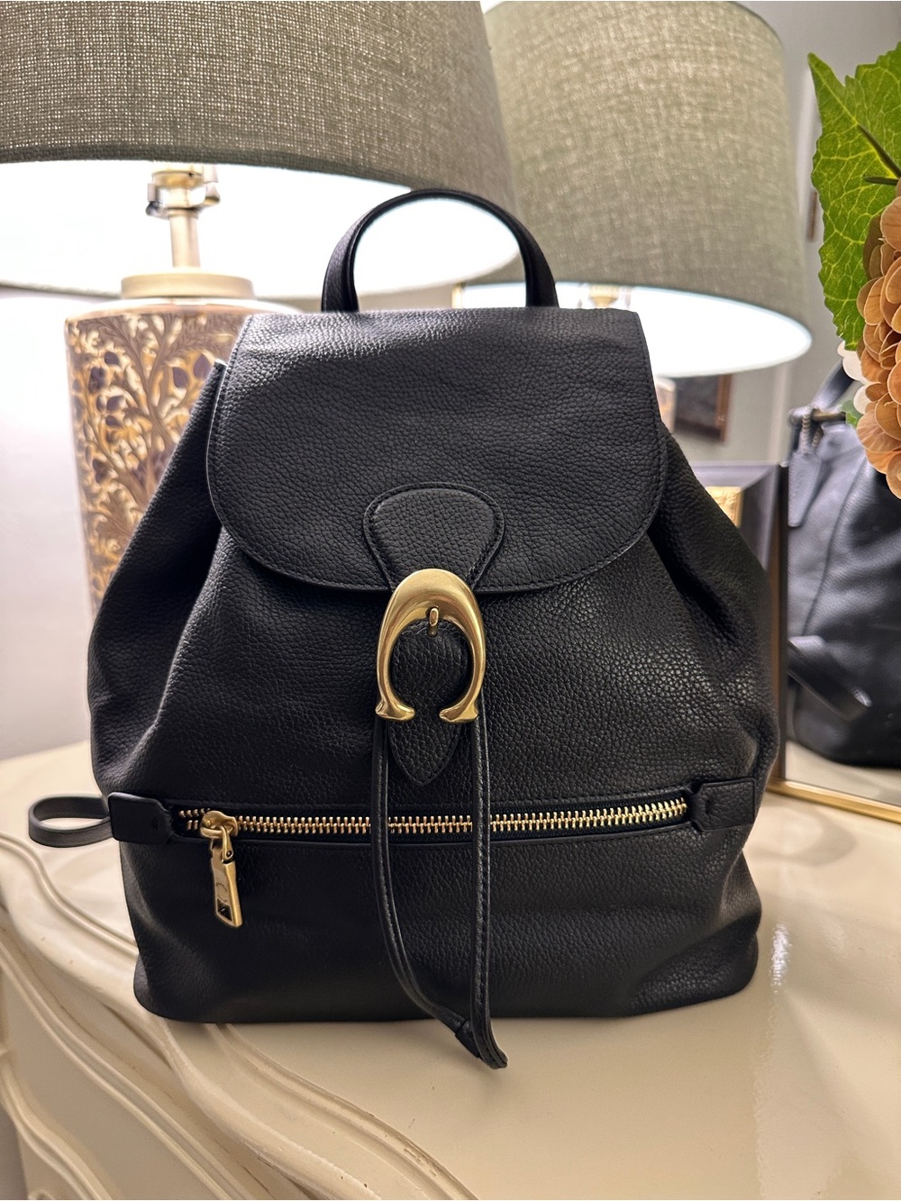 Black Leather Backpack with Gold Accent Hardware